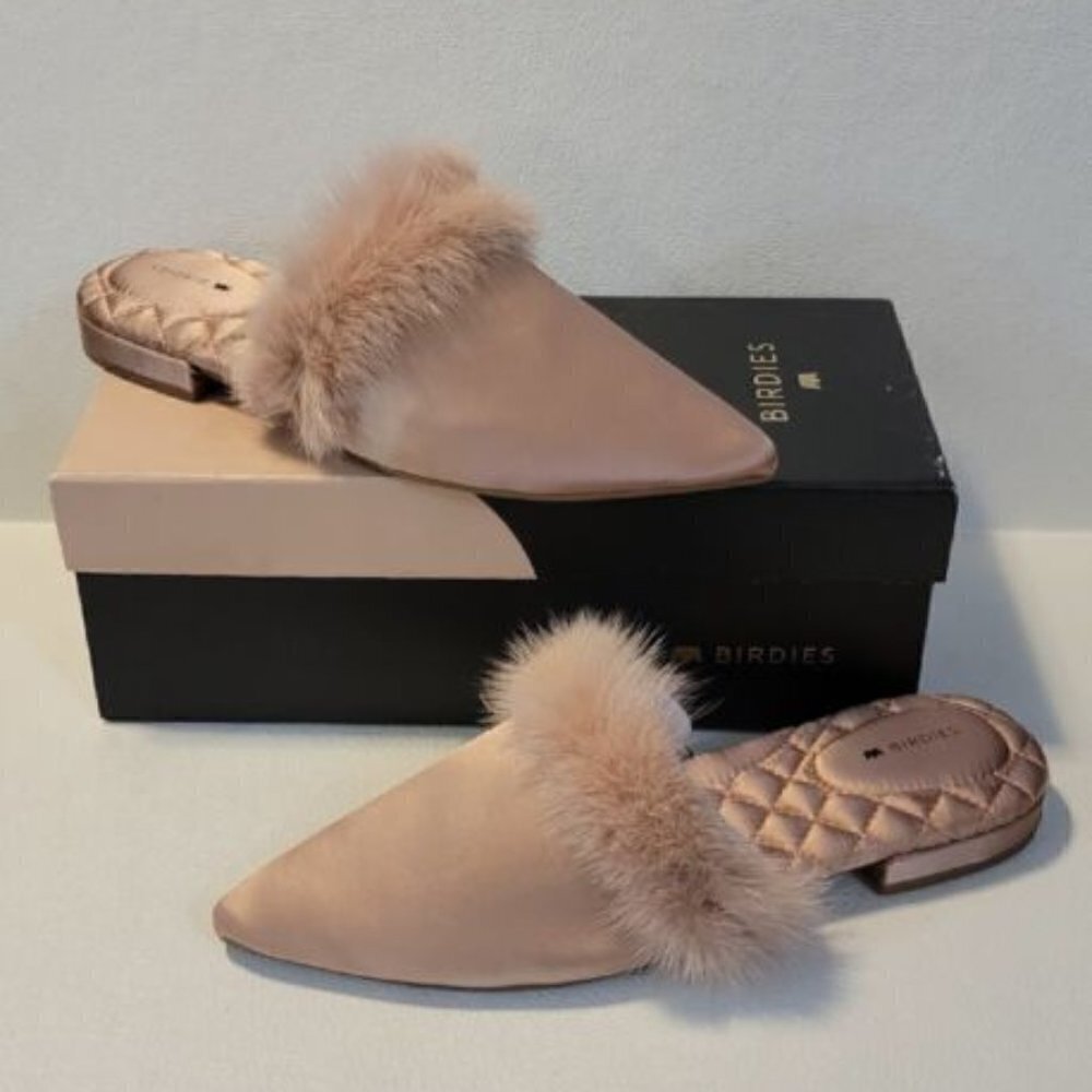Birdies The Dove French Rose Women's Slip On Mink Fur Pointed Toe Mules S…